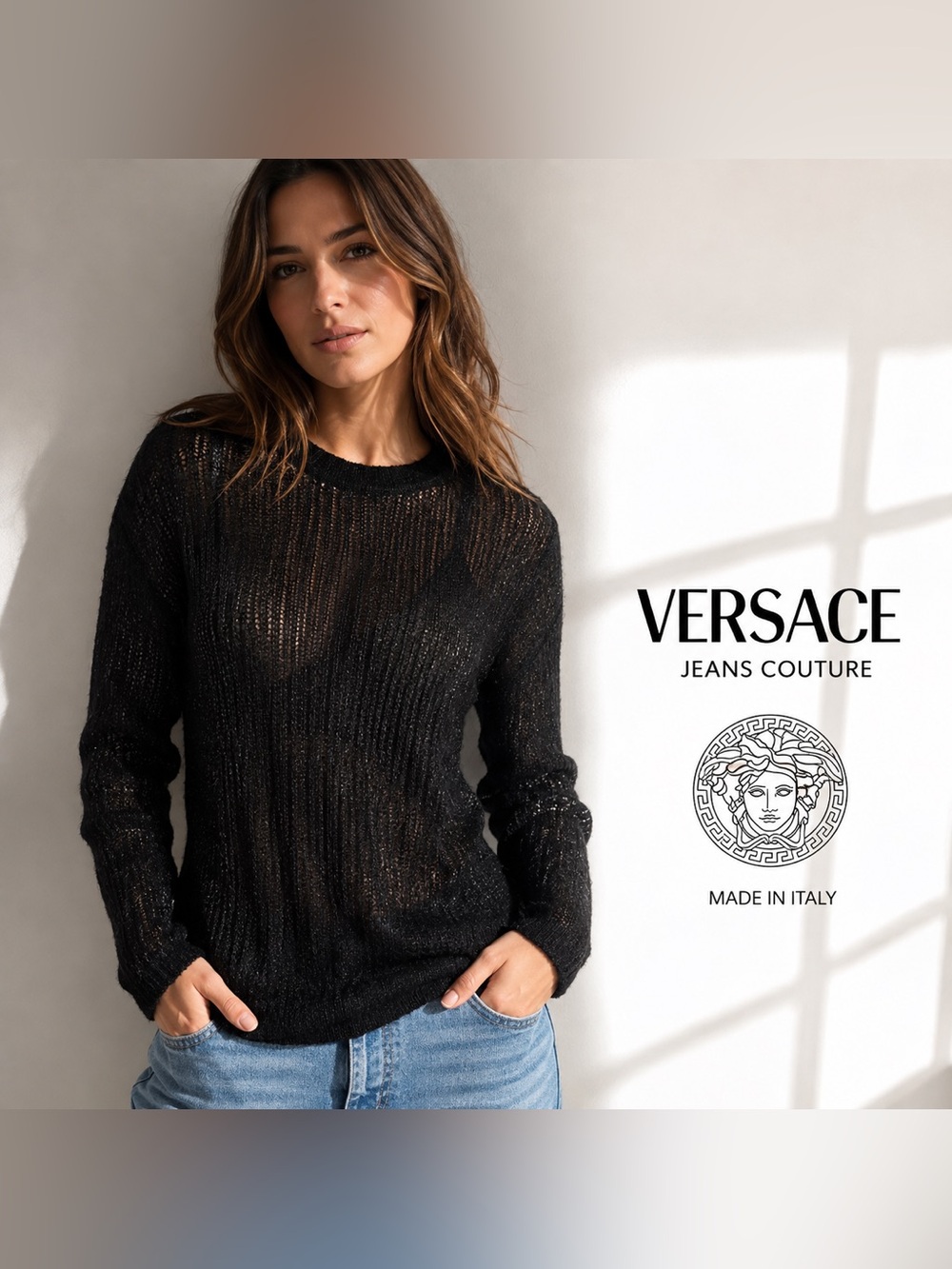 Versace Jeans Couture Y2K Metallic Mohair Knit Sweater Top Italy XL Cyber Glam